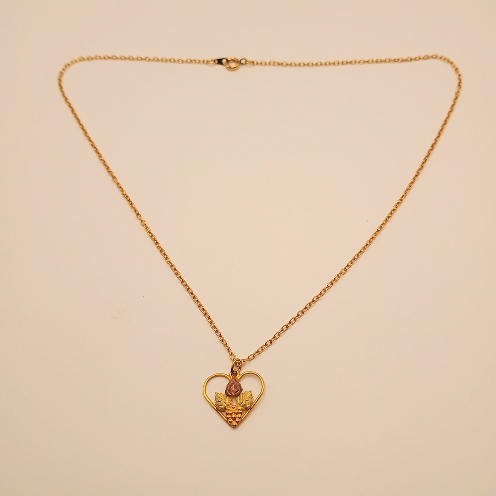 10k Gold Heart With Grapes Pendant Necklace 18in Plated Chain.